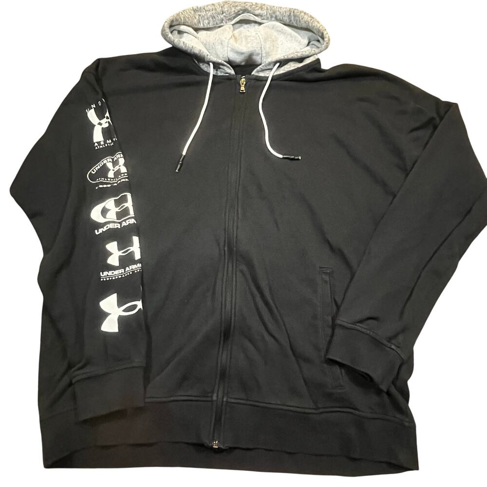 Under Armour Full Zip Hoodie XXL Black Gray Athletic Logo Sleeve Loose Fit‎